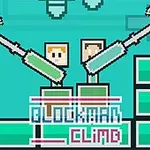 Două personaje pixelate folosind cârlige se cațără pe structuri dreptunghiulare verzi, cu textul Blockman Climb în partea de jos