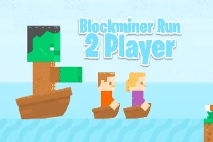 Personaje pixelate navighează în bărci mici pe apă, cu textul „Blockminer Run 2 Player” afișat deasupra