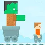 Un personaj verde și unul mic, în stil pixelat, se află în vagoane de tren pe un fundal albastru deschis