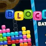 Blocuri colorate și un personaj astronaut pe un fundal spațial, alături de textul „BLOCKS BATTLE”