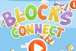 Textul Blocks Connect în culori vii pe un fundal albastru cu nori și buton de redare