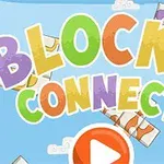 Textul Blocks Connect în culori vii pe un fundal albastru cu nori și buton de redare