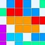 Blocuri colorate în diverse nuanțe de verde, albastru, roșu, portocaliu și violet așezate într-un model pe un fundal deschis