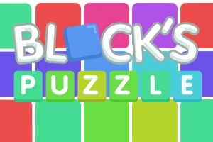 Textul „BLOCKS PUZZLE” scris cu litere mari, cu un fundal colorat în roșu, verde, albastru și mov