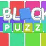 Textul „BLOCKS PUZZLE” scris cu litere mari, cu un fundal colorat în roșu, verde, albastru și mov