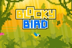 Text galben și albastru „Blocky Bird” pe un fundal verde-pixelat cu un peisaj de pădure și o pasăre stilizată