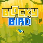 Text galben și albastru „Blocky Bird” pe un fundal verde-pixelat cu un peisaj de pădure și o pasăre stilizată