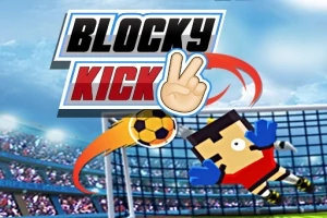 Un personaj stilizat în formă de bloc încearcă să prindă o minge de fotbal în fața unei porți, cu un stadion în fundal și textul Blocky Kick deasupra