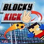Un personaj stilizat în formă de bloc încearcă să prindă o minge de fotbal în fața unei porți, cu un stadion în fundal și textul Blocky Kick deasupra
