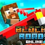 Personaj cubist conducând o motocicletă roșie cu textul BLOCKY ROADS ONLINE pe fundal albastru