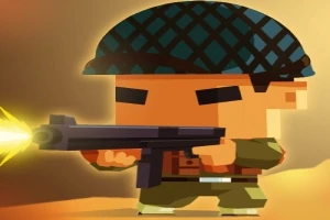 Personaj animat stilizat, purtând cască militară și folosind o pușcă, pe fundal portocaliu