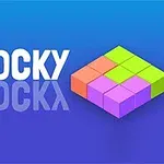 Textul BLOCKY scris alb pe un fundal albastru, alături de un grup de cuburi colorate în roz, verde, portocaliu și violet