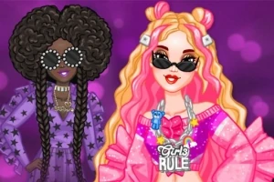 Două personaje animate stilizate, una cu păr cârlionțat și ochelari rotunzi și cealaltă cu păr roz și ochelari de soare, pe un fundal violet
