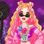 Două personaje animate stilizate, una cu păr cârlionțat și ochelari rotunzi și cealaltă cu păr roz și ochelari de soare, pe un fundal violet