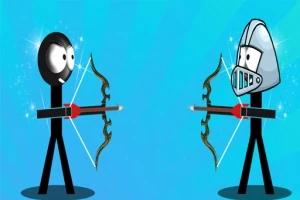 Două personaje stilizate cu corpuri de bețe, ținând arcuri, față în față pe un fundal albastru, unul purtând o mască de cavaler