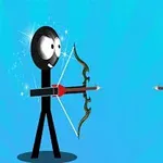 Două personaje stilizate cu corpuri de bețe, ținând arcuri, față în față pe un fundal albastru, unul purtând o mască de cavaler