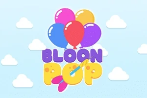 Baloane colorate pe fundal albastru cu nori și textul BLOON POP