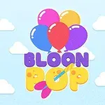 Baloane colorate pe fundal albastru cu nori și textul BLOON POP
