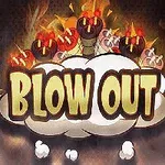 Textul Blow Out apare pe un nor, cu bombe și flăcări în fundal