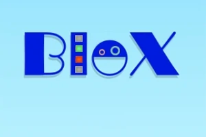 Logo albastru cu literele Blox pe fundal albastru deschis, incluzând un pătrat cu culori și un cerc cu față zâmbitoare