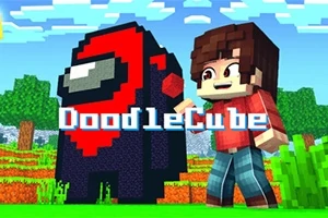 Un avatar stilizat cu păr brun și cămașă roșie alături de o figură mare, pixelată, de culoare roșie și neagră, pe un fundal cu copaci și cer albastru, cu textul DoodleCube afișat în centru
