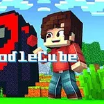 Un avatar stilizat cu păr brun și cămașă roșie alături de o figură mare, pixelată, de culoare roșie și neagră, pe un fundal cu copaci și cer albastru, cu textul DoodleCube afișat în centru