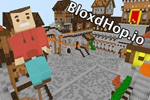 Personaj pătrat într-un mediu de oraș medieval construit din blocuri, cu textul BloxdHop