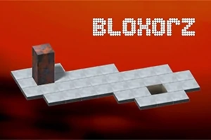 Bloc dreptunghiular pe o platformă suspendată cu titlul BLOXORZ pe un fundal roșu