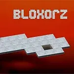 Bloc dreptunghiular pe o platformă suspendată cu titlul BLOXORZ pe un fundal roșu