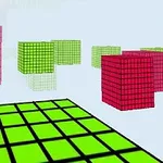 Cuburi colorate în roșu și verde, cu suprafețe ce par a fi formate din pătrate, într-un spațiu tridimensional