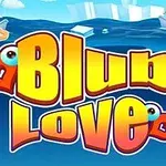 Text colorat Blu Love cu inimioare și decor marin pe fundal albastru