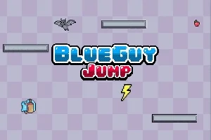 Pe un fundal albastru deschis cu carouri, apare textul BlueGuy Jump, alături de un personaj animat albastru, un fulger, un liliac și o măr