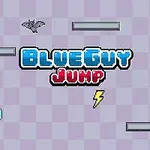 Pe un fundal albastru deschis cu carouri, apare textul BlueGuy Jump, alături de un personaj animat albastru, un fulger, un liliac și o măr