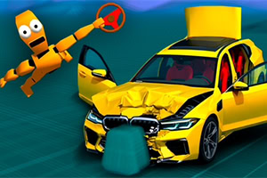 Mașină galbenă avariată cu portiera deschisă, lângă un manechin de testare a impactului și o barieră albastră