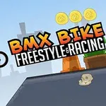 Un personaj animat face o săritură pe o bicicletă BMX într-un decor urban, lângă titlul BMX Bike Freestyle & Racing
