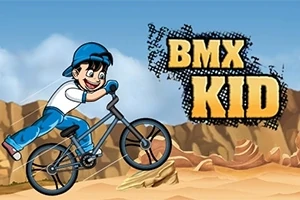 Un băiat într-o ținută albastră și albă se dă cu bicicleta BMX pe un drum accidentat, cu un fundal de canion și cer senin