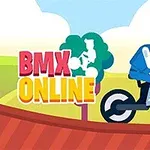 Un personaj desene animat pe bicicletă BMX albastră pe un deal, cu fundal de peisaj verde și logo colorat care spune BMX Online
