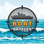 Un desen al unei mări tulburate sub un cer albastru cu nori, având în centru o siluetă de navă încadrată într-o țintă cu textul BOAT BATTLES