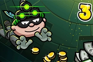 Bob the Robber 3 Un personaj animat cu ochelari de vedere pe timp de noapte colectează monede aurii lângă teancuri de bani