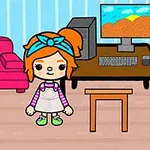 Fată desenată stând într-o cameră cu un computer pe birou și un fotoliu roz în fundal