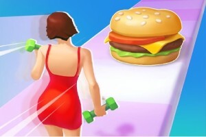 Femeie în rochie roșie ținând gantere, mergând spre un hamburger pe un drum colorat