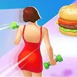 Femeie în rochie roșie ținând gantere, mergând spre un hamburger pe un drum colorat