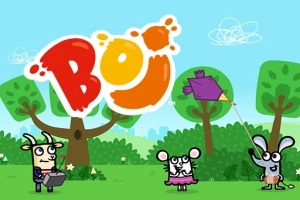 Trei personaje animate se joacă în parc, cu un copac și un zmeu violet în fundal, și textul Boj deasupra