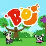 Trei personaje animate se joacă în parc, cu un copac și un zmeu violet în fundal, și textul Boj deasupra