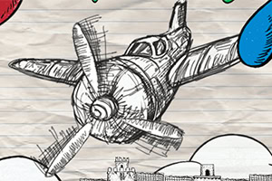 Un avion desenat manual zboară deasupra unui oraș stilizat, cu nori albaștri și roșii în fundal