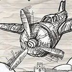 Un avion desenat manual zboară deasupra unui oraș stilizat, cu nori albaștri și roșii în fundal