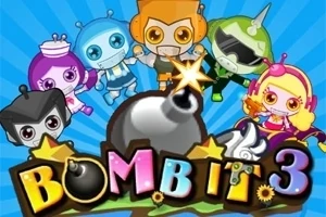 Cinci personaje de desene animate colorate și stilizate plutesc împrejurul unei bombe, pe un fundal albastru cu dungi radiind, iar titlul Bomb It 3 este afișat jos
