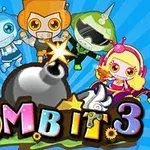 Cinci personaje de desene animate colorate și stilizate plutesc împrejurul unei bombe, pe un fundal albastru cu dungi radiind, iar titlul Bomb It 3 este afișat jos
