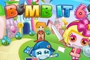 Personaje animate colorate, un robot albastru cu o pălărie și o fată cu părul blond și masca ținând o sabie, pe fundalul unui peisaj de basm cu castele și baloane