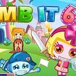 Personaje animate colorate, un robot albastru cu o pălărie și o fată cu părul blond și masca ținând o sabie, pe fundalul unui peisaj de basm cu castele și baloane